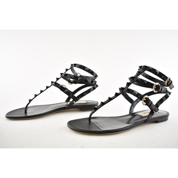Valentino Rockstud So Black Leather Triple Ankle Strap Gladiator Flat Sandal 35 - Picture 10 of 12